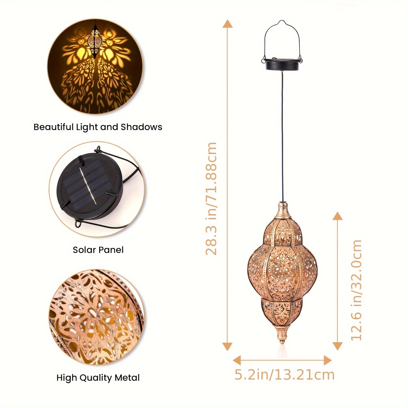 27.17 Inch Outdoor Hanging Lantern Light - Metal Projector Suitable for Garden, Patio, Porch, Lawn & Deck - Detachable Solar Panel, Oil-Rubbed, Ceiling/Pendant Mount