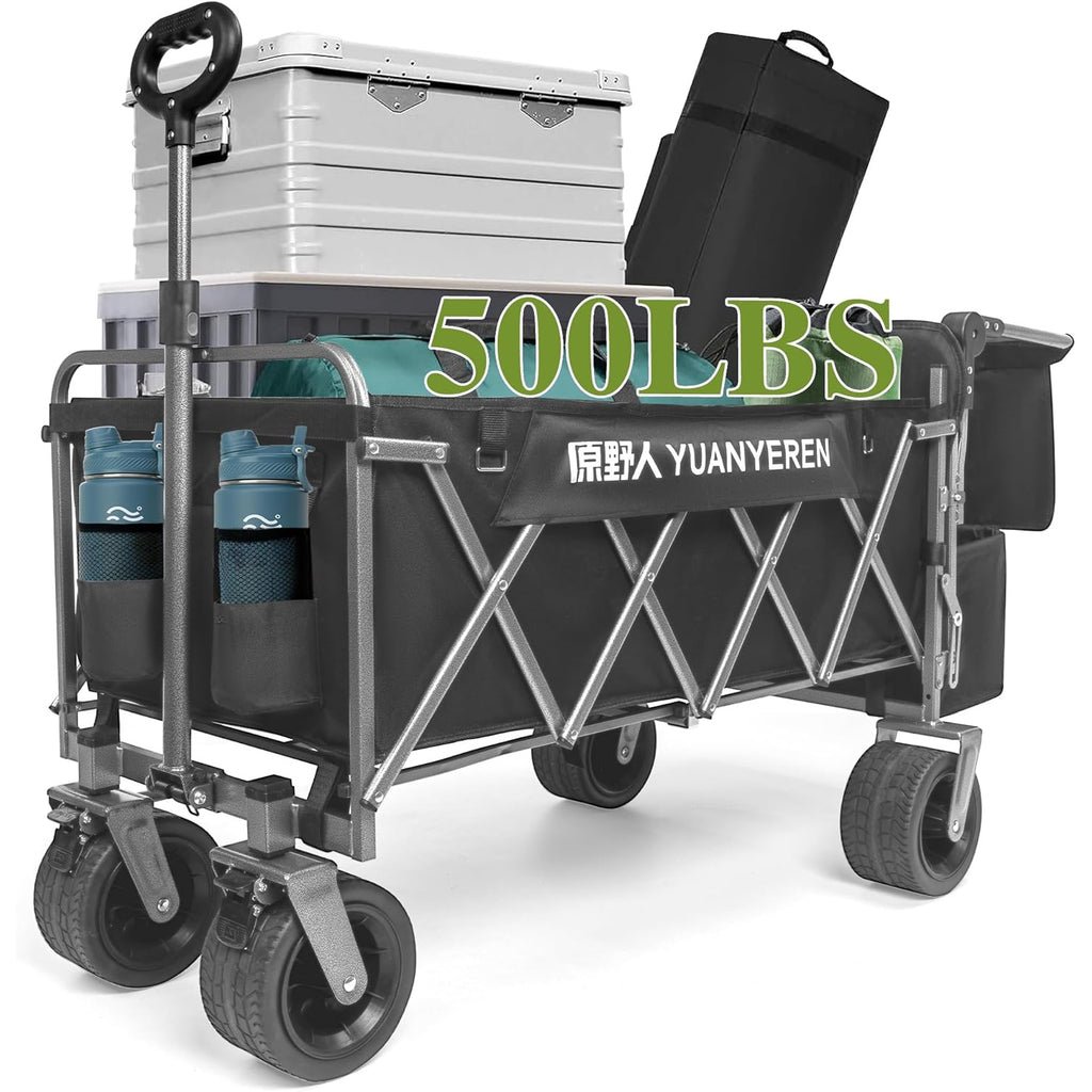 Large Capacity Collapsible Wagon with Opened Tailgate, 500lbs Pulled and Pushed Heavy Duty Folding Wagon Carts, 59" Extra Long Extender Wagons, All-Terrain Big Wheels for Shopping, Sports, Camping