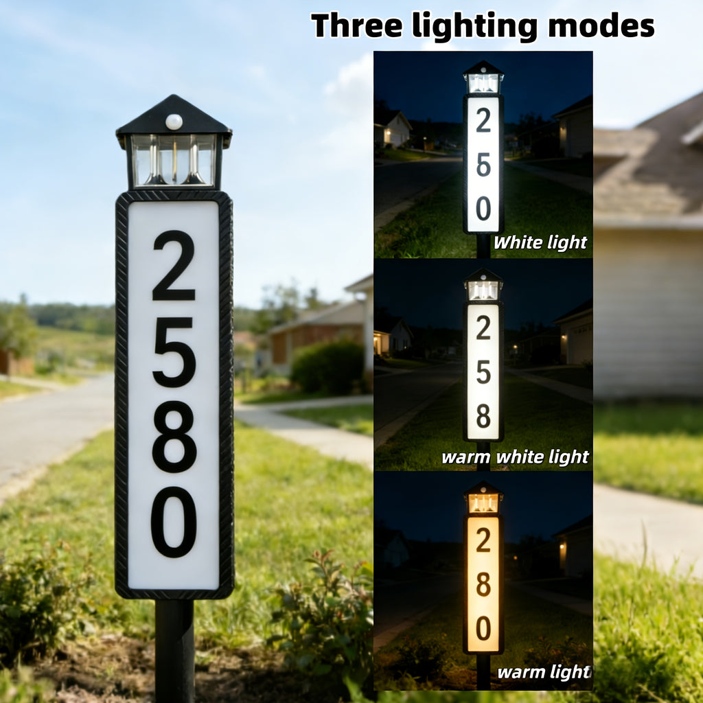 Solar Powered Address Sign with 3 Color Modes, IP44 LED Illuminated House Numbers for Outside, Yard, Apartment, Street - Easy to Install