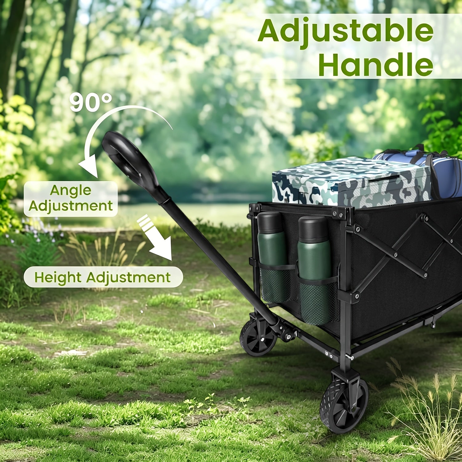 Heavy Duty 600LBS Foldable Wagon Cart, Large Capacity Collapsible Utility Cart with Side Cup Holders, All-Terrain Wheels Outdoor Garden Yard Shopping Camping Beach Hauling Cart
