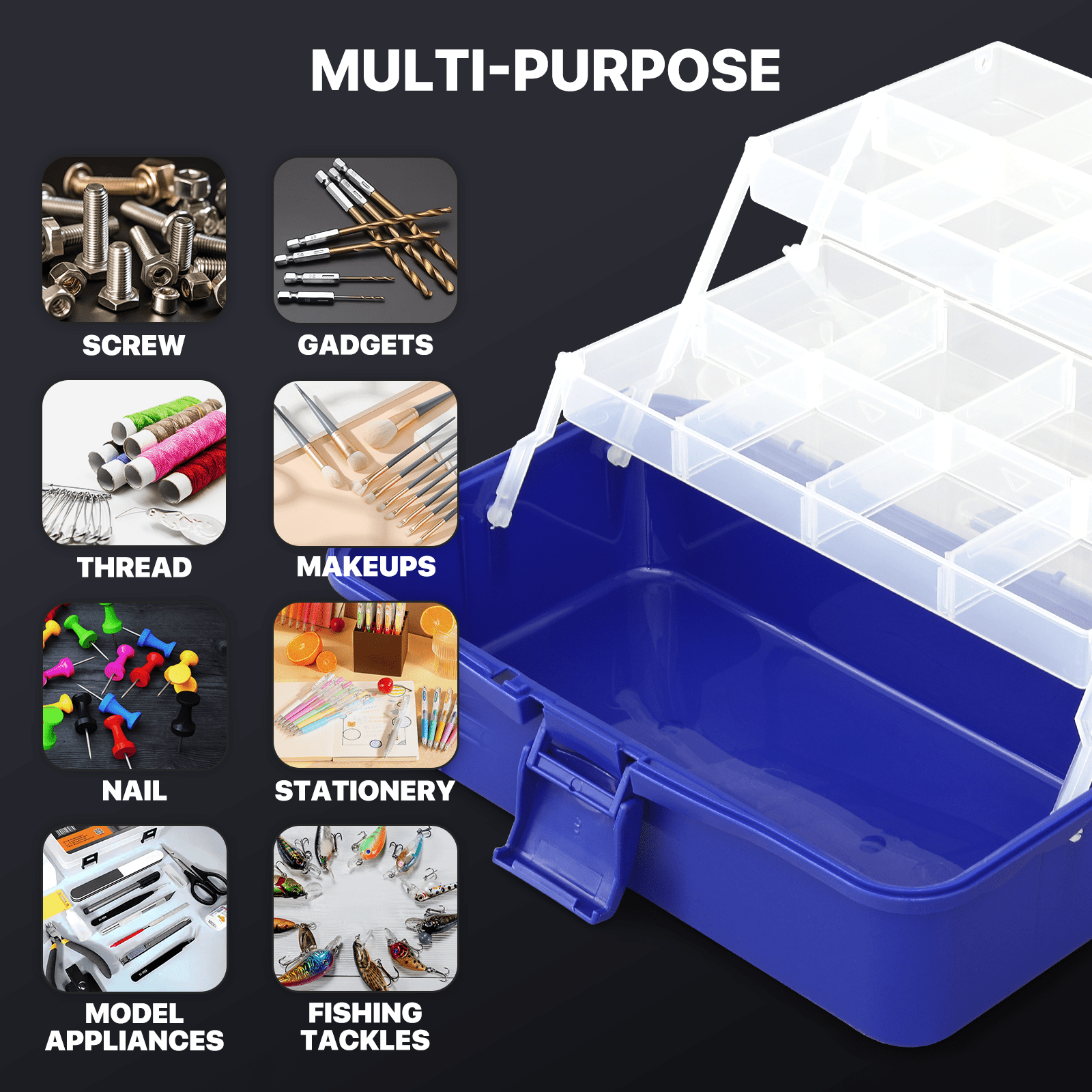 MoNiBloom Portable Tackle Box Organizer with Handle, 3-Layer Compartment Plastic Storage Tool Box Waterproof Container Case for Fishing Tackles, Makeup, Hair Accessories