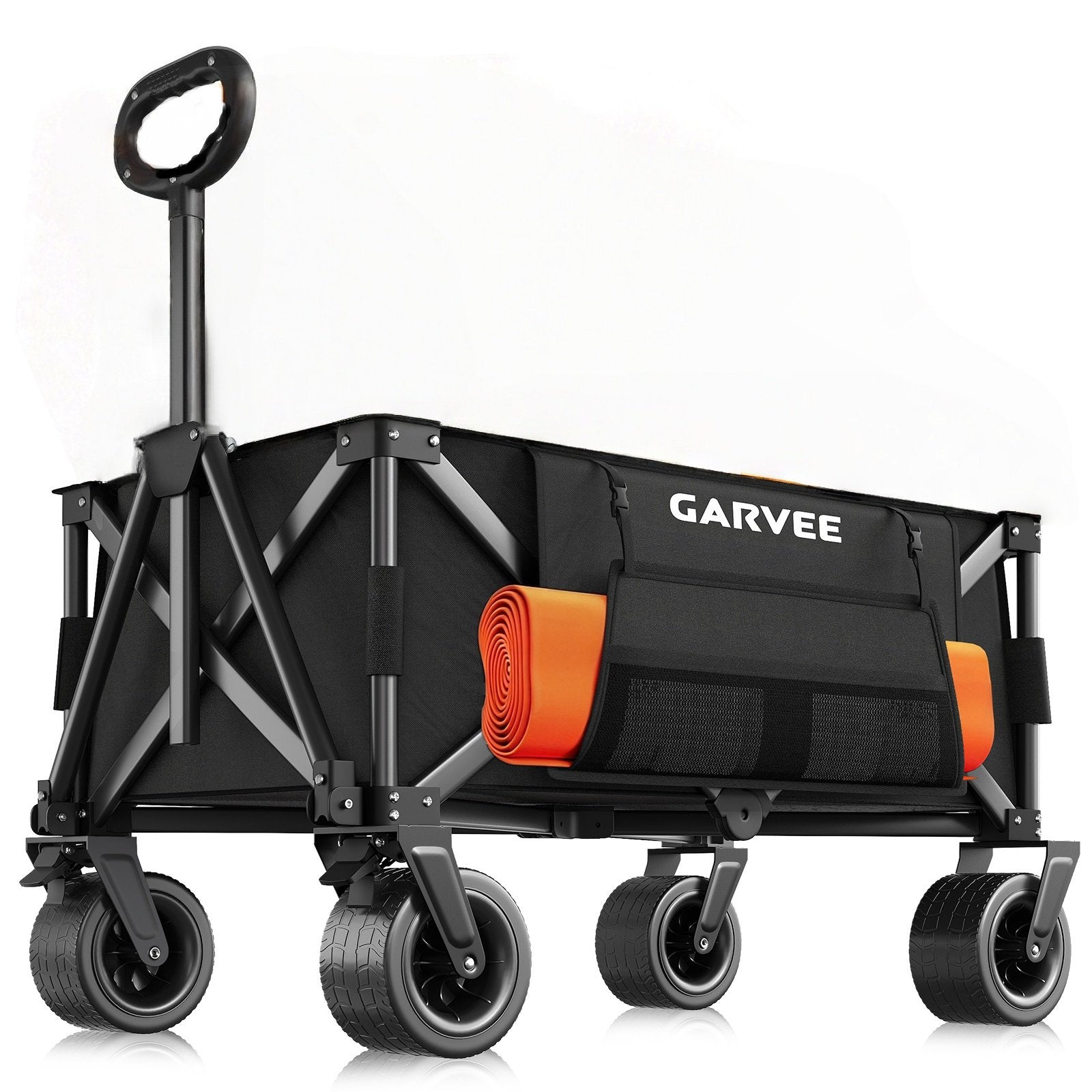 A Black Heavy-Duty Folding Cart, with a 400-Pound Load Capacity, 260-Liter Foldable Multifunctional Cart, Equipped with All-Terrain Wheels, a Cup Holder, a Storage Cover, And Elastic Cords, Perfect for Camping, Grocery Shopping, Shopping, And Sports