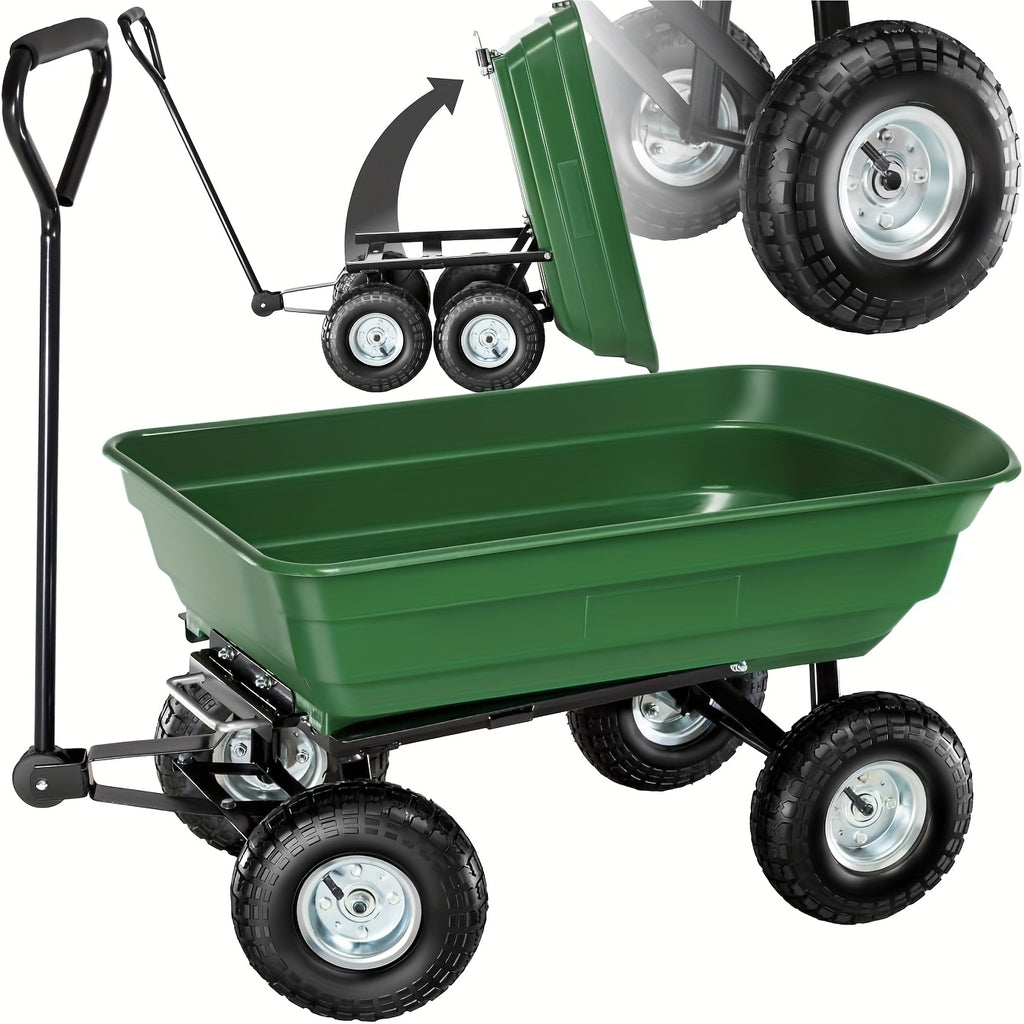 [Heavy-Duty Garden Cart] Heavy-Duty Steel Frame Garden Cart Yard Wagon | 220 Lb. Capacity, Quick-Release Dump Mechanism, All-Terrain 10" Pneumatic Tires - Green, Durable Plastic Body - for Lawn, Farm, Construction