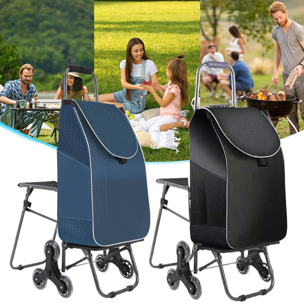 Climbing Stairs Luggage Cart Trolley with Waterproof Bag & Chair Folding Grocery Shopping Trolley Portable Folding Cart with Climbing Stair Wheels for Effortless Grocery Transport