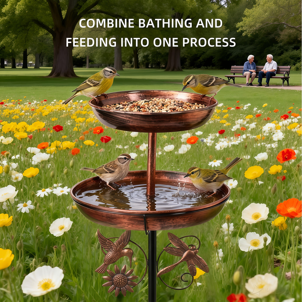 Retro Double-layer Metal Bird Bath Feeder. Detachable Basin for Feeding & Bathing. with Hummingbird & Dragonfly Decor. Ideal for Gardens, Patios, Courtyards, Lawns. Upgraded 5-claw Base, Anti-toppling, Stable And Durable.