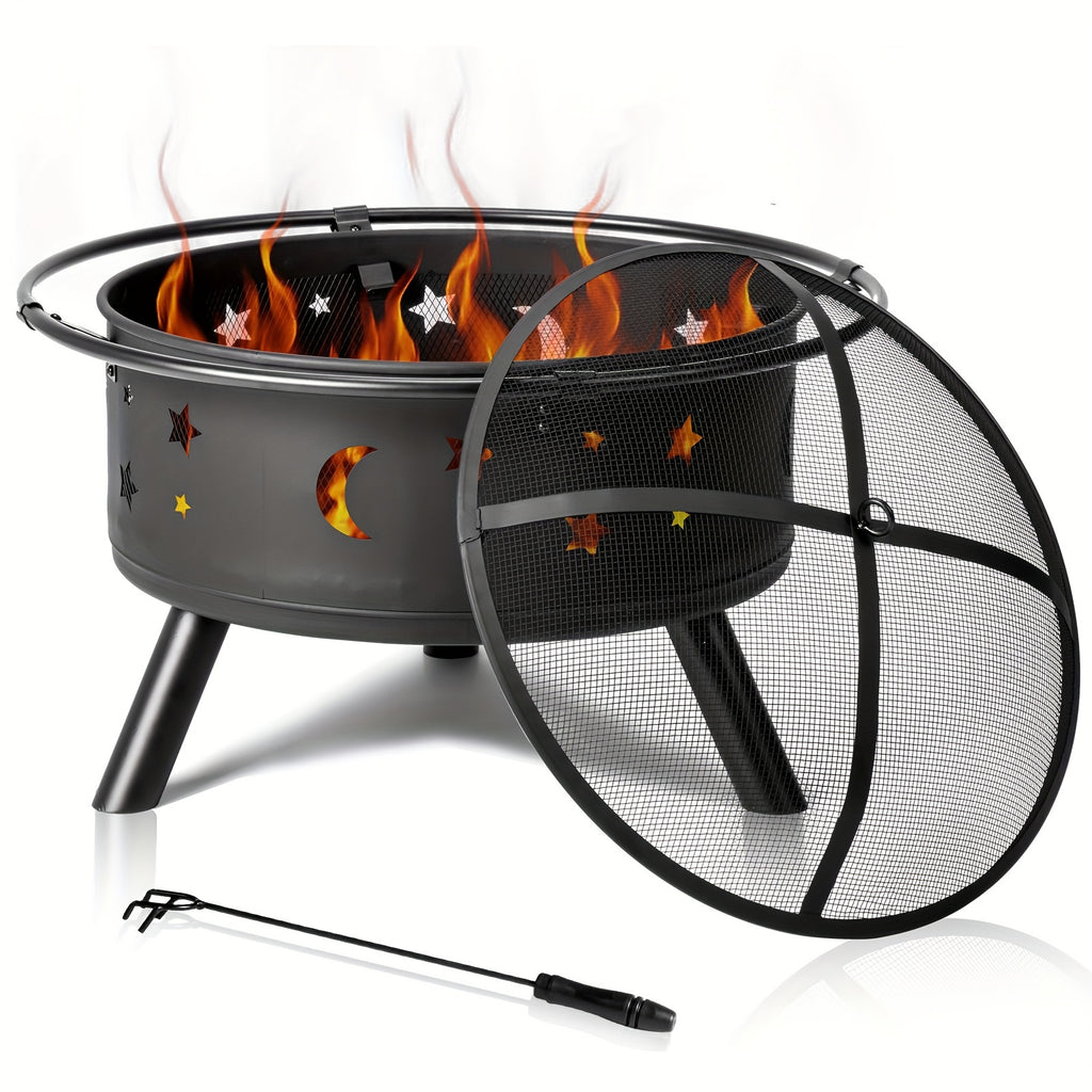 LEADZM 30in Round with Carrying Ring Mesh Lid Star And Moon Hole Wood Burning Fire Pit Iron Black