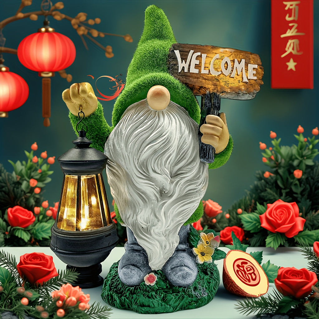 [Solar Gnome Decor] Large Flocked Resin Garden Gnome Statue | Outdoor Decor with Solar Light Holding Lantern Welcome Sign, Dwarf Sculpture for Yard, Patio, Porch, Lawn - Halloween & Christmas Decorations