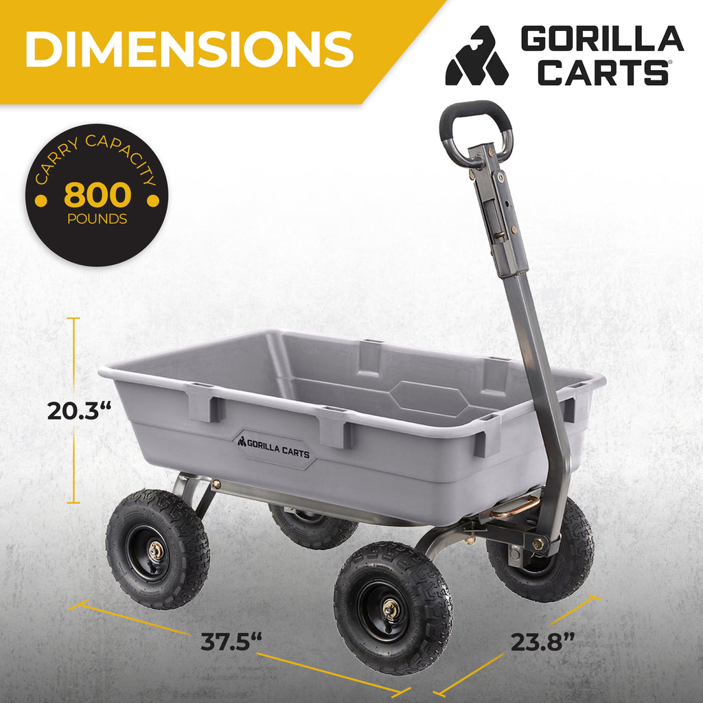 Gorilla Carts 800 Pound Capacity Heavy Duty Poly Yard Garden Steel Dump Utility Wheelbarrow Wagon Cart with 2 in 1 Towing ATV Handle, Gray