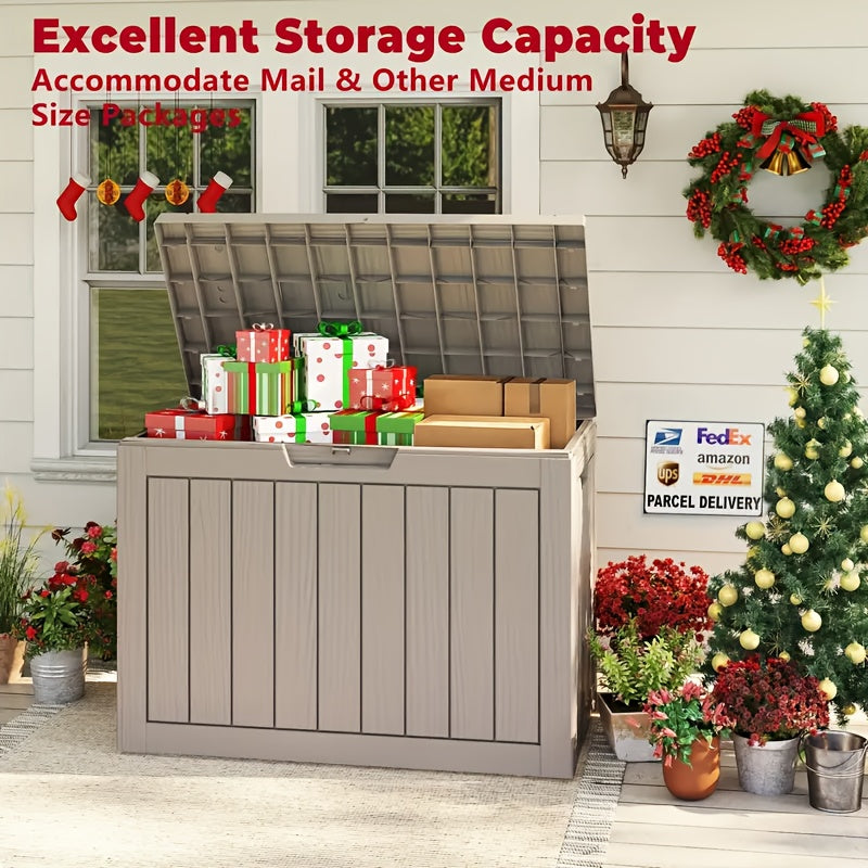 46Gallon Deck Box WOOD GRAIN Outdoor Storage Box, Weatherproof And UV Resistant, Resin Package Delivery And Storage Box With Lockable Lid For Patio Furniture Cushions, Pool Accessories, Perfect Gift For Halloween, Christmas, Thanksgiving, Box