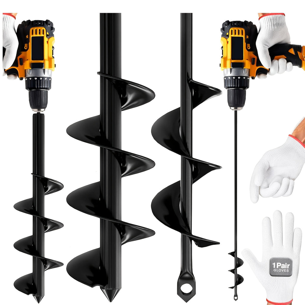 2pcs Auger Drill Bit for Planting with Gloves (1.97 X 8.66 Inch & 3.15 X 9.84 Inch Set) - Heavy Duty Garden Spiral And Bulb Planter Tool for Digging Holes - Compatible with 3/8 Inch Hex Drive