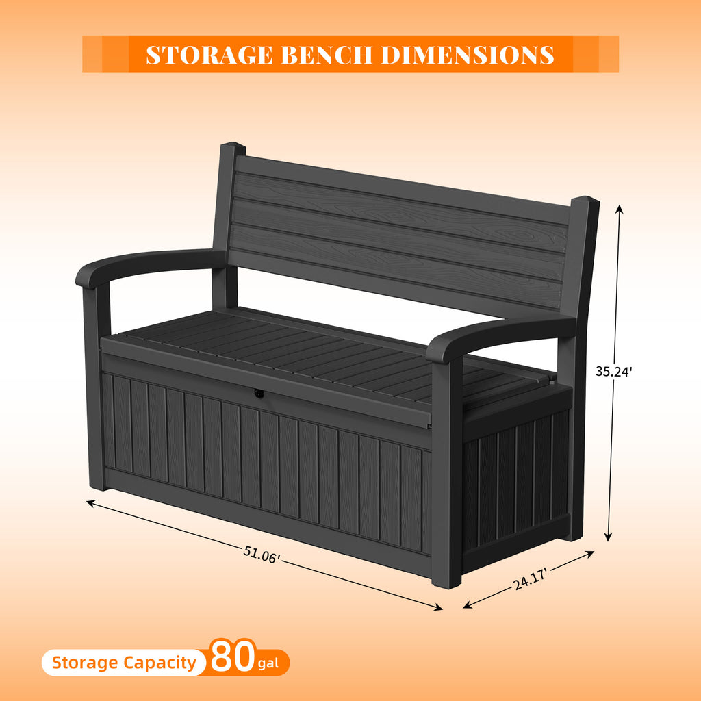 Heavy Duty 80 Gallon Resin Wood Grain Indoor/Outdoor Storage Bench Seating - 500 Lb Comfortable Waterproof Deck Box for Spring Patio Summer Garden Cushions Tools & Backyard Organization