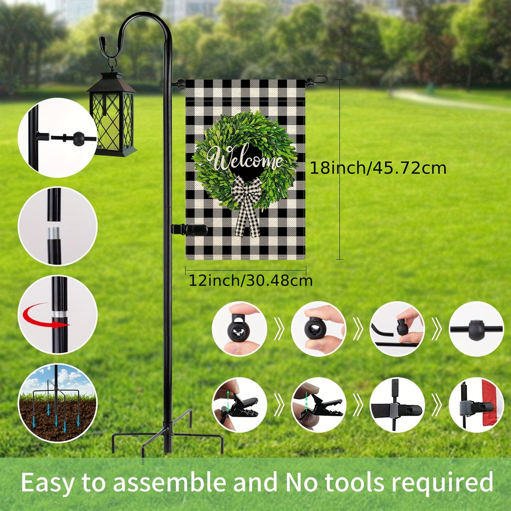 Fekyaeta Garden Flag Holder Stand And Shepherds Hooks, 47 Inch Height with 1/2 Inch Thick Metal Garden Flag Pole-Outdoor Lawn Yard Flag Holder Stake for Small Flag 12x18, Solar Lights-Mini Flag Holder