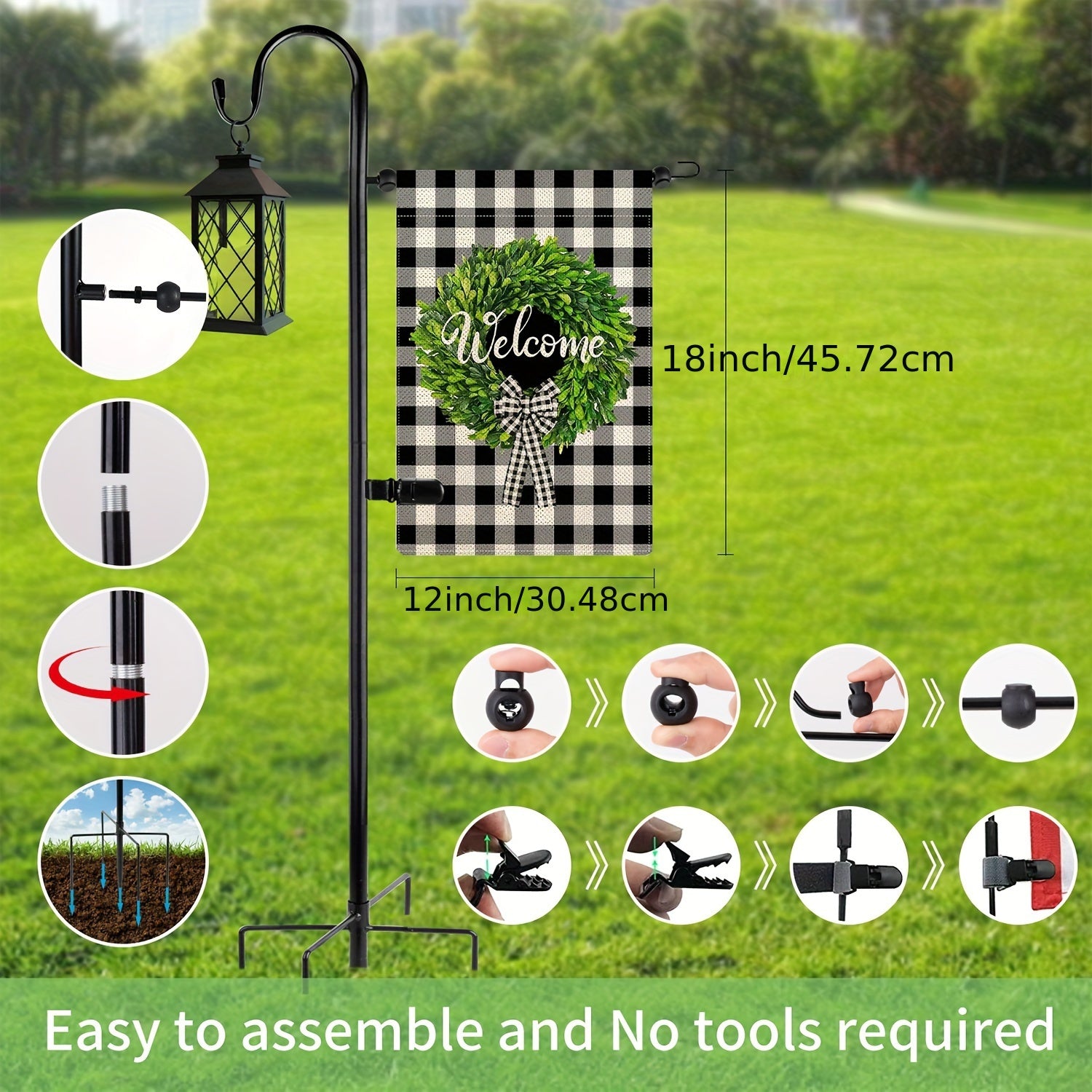 Fekyaeta Garden Flag Holder Stand And Shepherds Hooks, 47 Inch Height with 1/2 Inch Thick Metal Garden Flag Pole-Outdoor Lawn Yard Flag Holder Stake for Small Flag 12x18, Solar Lights-Mini Flag Holder