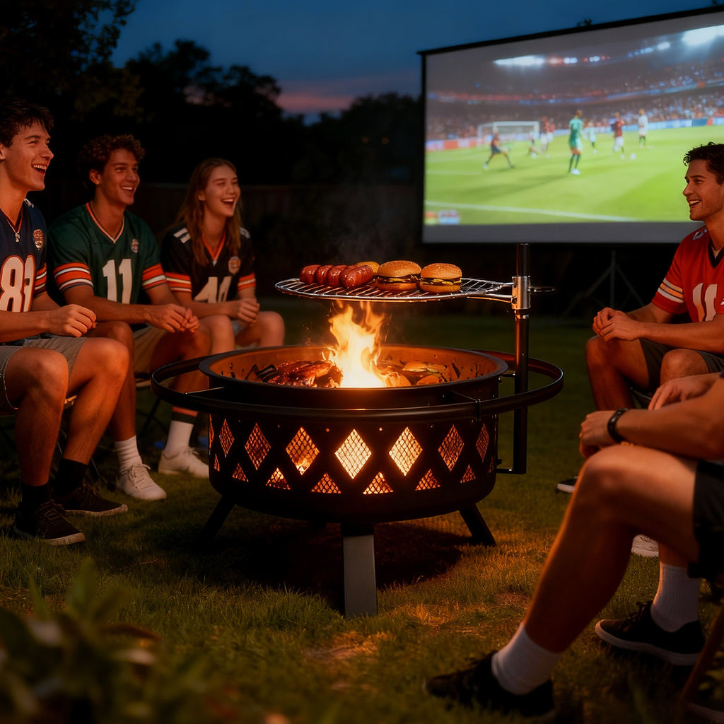 Outdoor Fire Pit With Grill, Steel Fire Bowl for BBQ Camping Picnic, Garden Patio Heater Charcoal Log Wood Burner