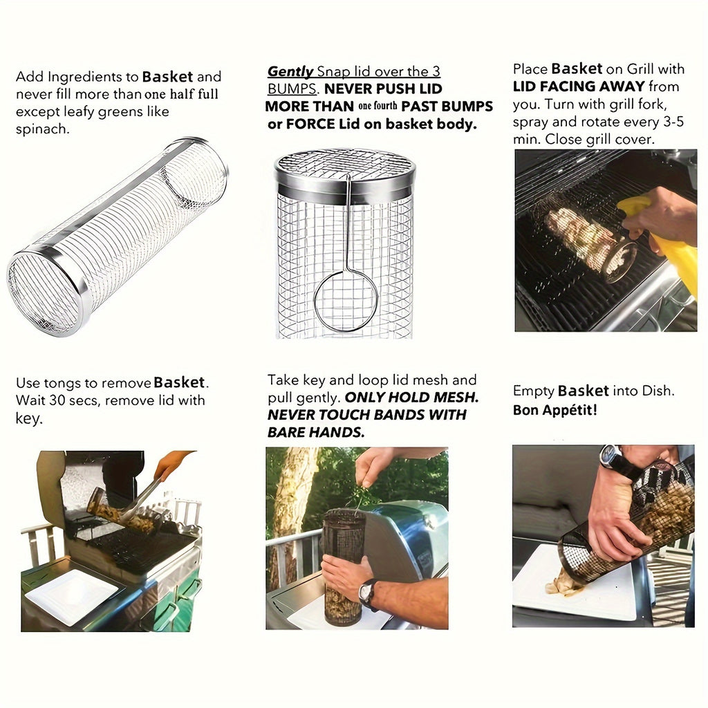 2pcs Stainless Steel Portable Barbecue Cooking Grill Barbecue Cage, Outdoor Barbecue Basket, Comes with Hook, Fork, Outdoor Camping Barbecue Grill, Outdoor Circular Barbecue Bonfire Barbecue Grill, Camping Picnic, Boys Giftories