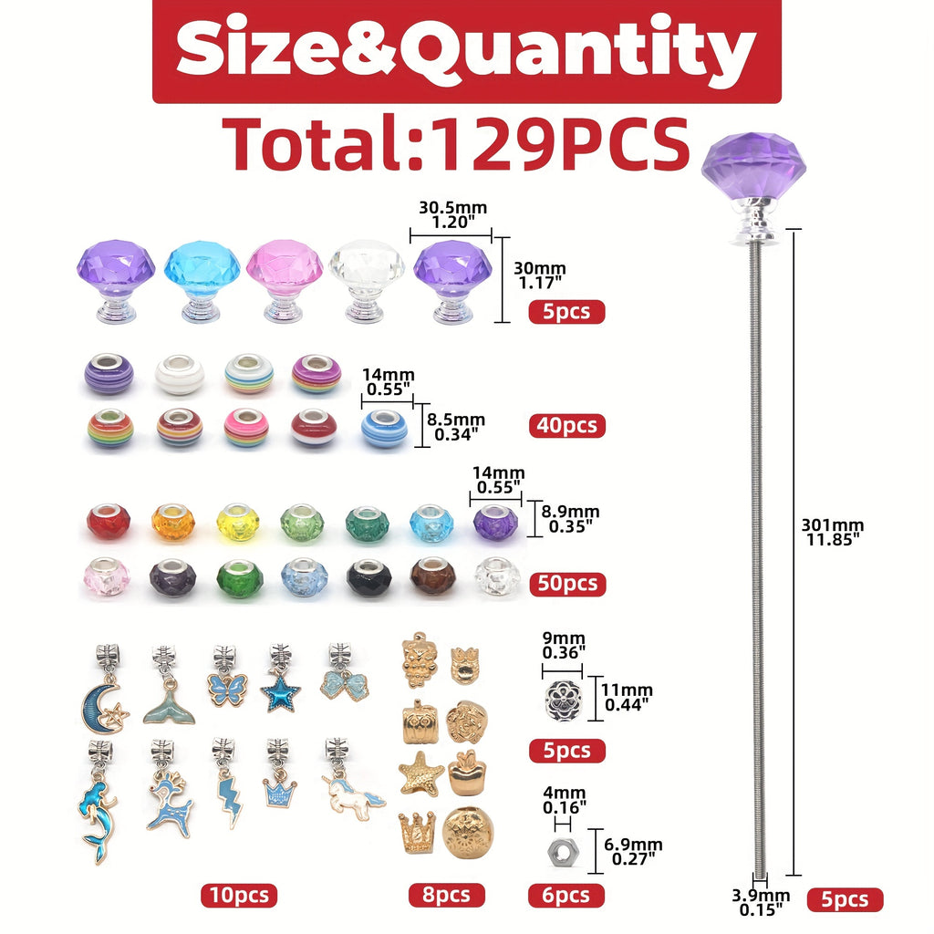 129pcs Garden Stakes Decorative Beaded Garden Stakes with Crystal Stopper Top Round Glass Bead Silver Bail Bead with Pendant Silver Bead for Outdoor Decoration