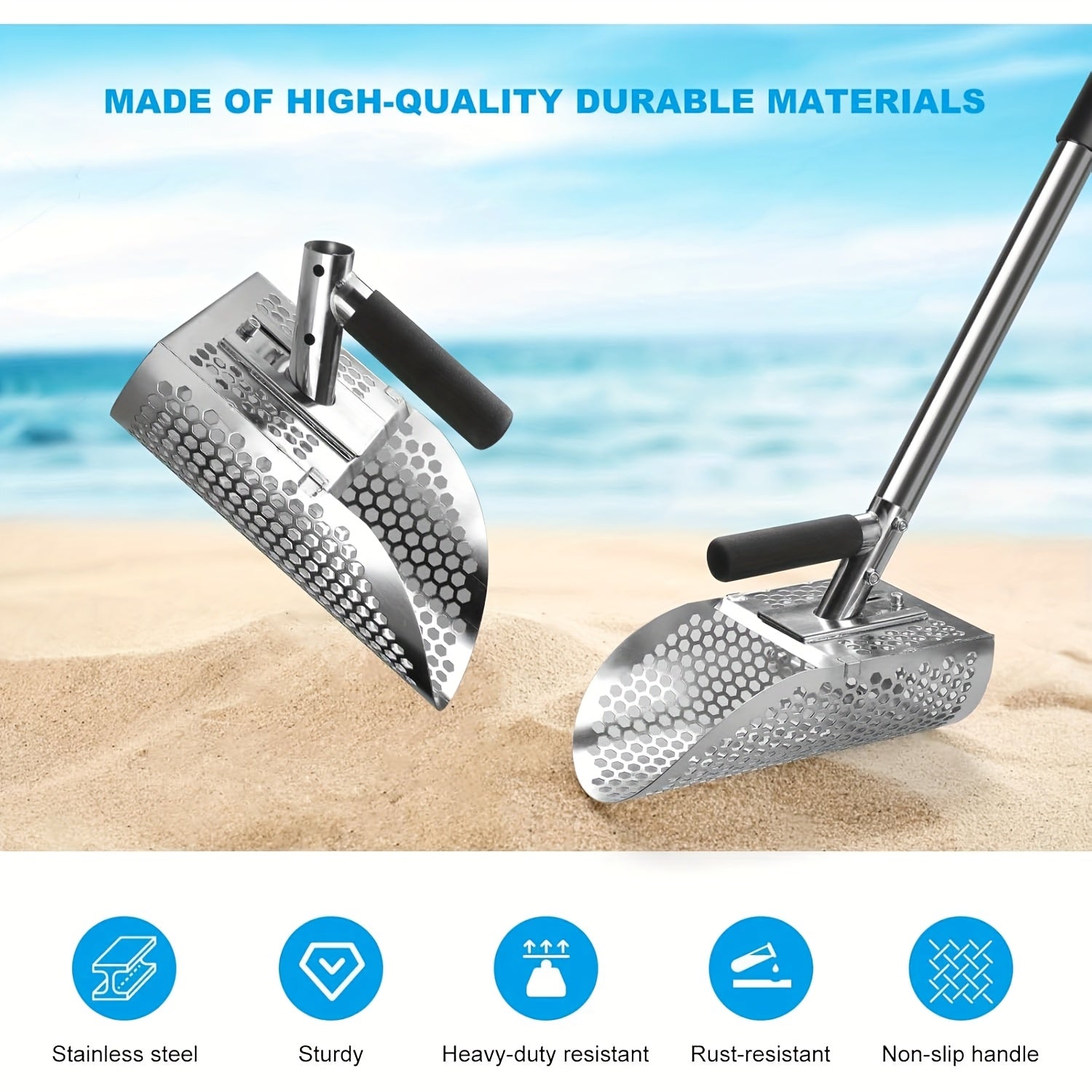 Sand Scoop for Metal Detecting Adjustable Long Handle Sand Shovel Metal Detector Scoop Sand Scoop Sand Sifter Shovel for Adults Stainless Steel Detachable Shovel Length 31"-44" for Beach Underwater Treasure Hunting