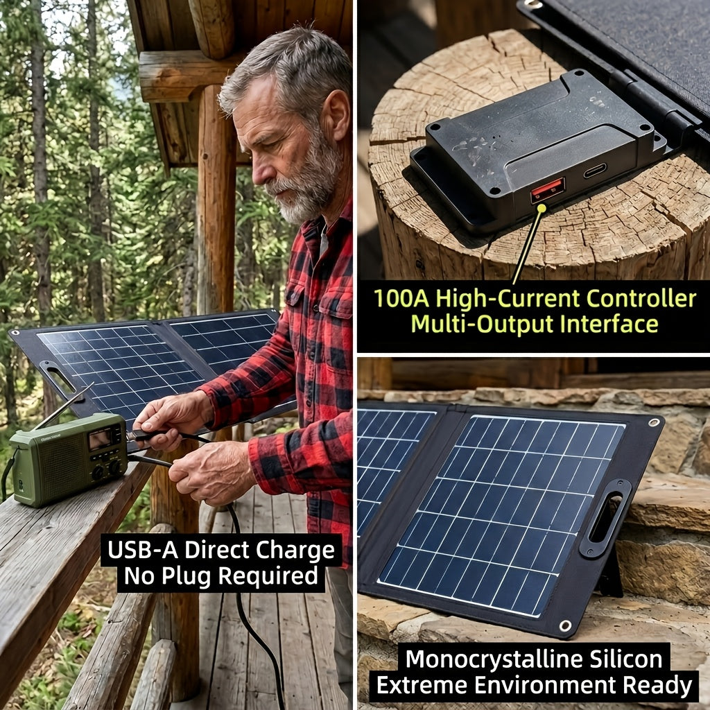 100A High Current Controller Foldable Solar Charging Panel USB-A Charge Multiple Output Emergency Power Backup for Portable Power Station Generator Laptop Tablet Home Disaster Reserve