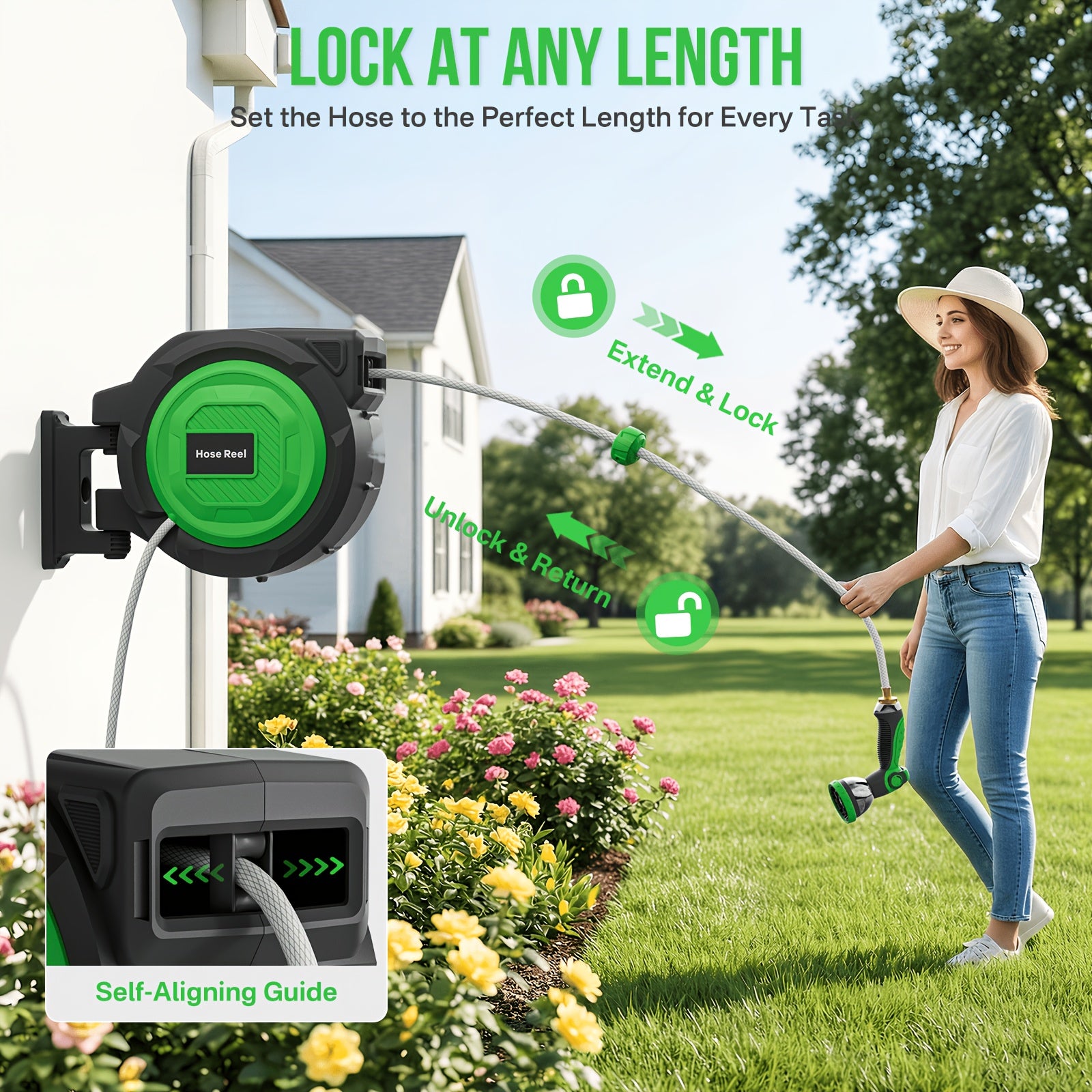 100ft/150ft Retractable Garden Hose Reel, Heavy-Duty Wall Mounted Water Hose with Any-Length Locking System, 10 Spray Modes Adjustable Nozzle, 180° Swivel Bracket, Auto Rewind for Gardening, Car Wash & Patio Cleaning.