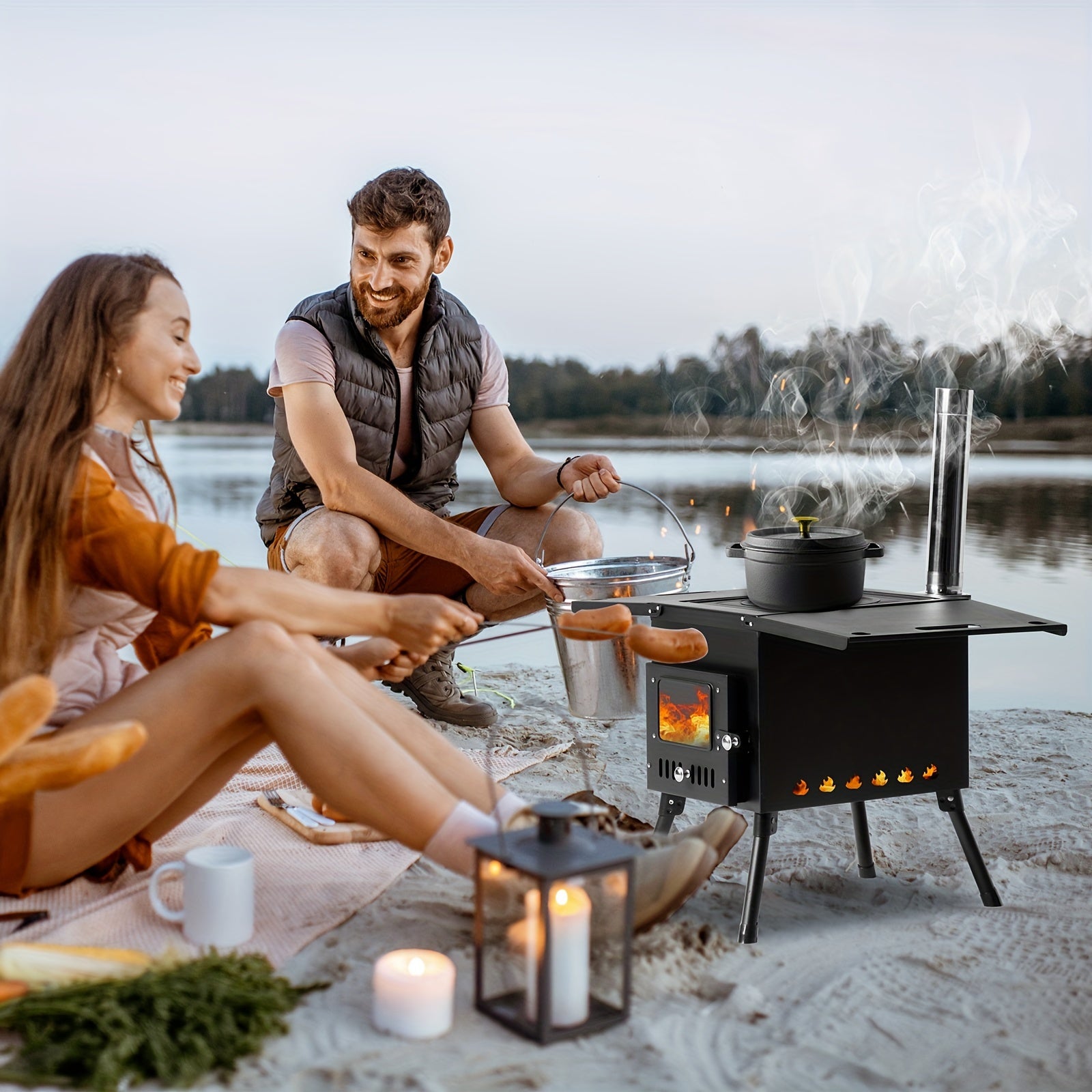 Camping Wood Stove, Outdoor Portable Tent Wood Burning Stove with Stainless Chimney Pipes, Tent Stove Jack & Gloves for Outdoor Camping Cooking And Heating (Black)