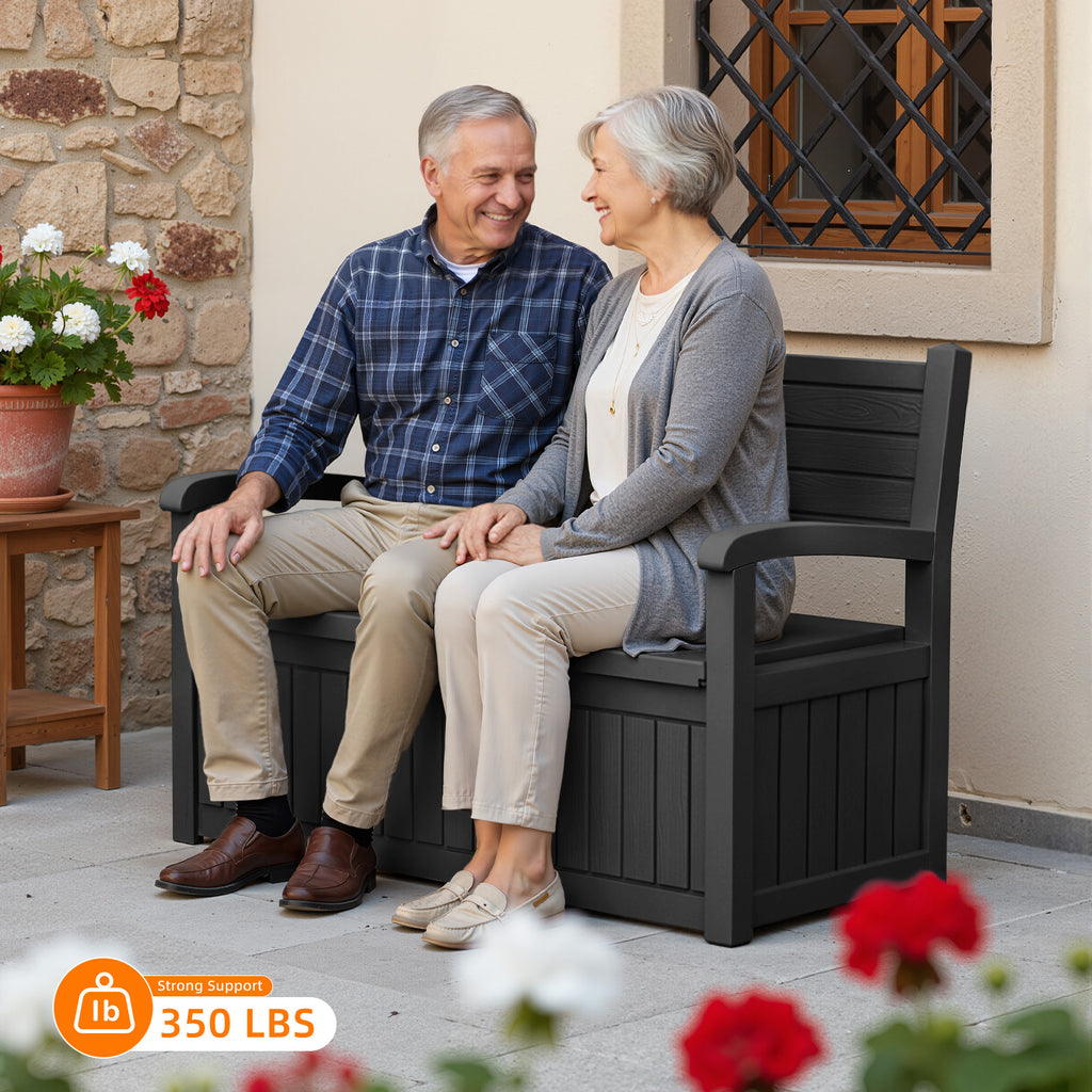 Heavy Duty 80 Gallon Resin Wood Grain Indoor/Outdoor Storage Bench Seating - 500 Lb Comfortable Waterproof Deck Box for Spring Patio Summer Garden Cushions Tools & Backyard Organization