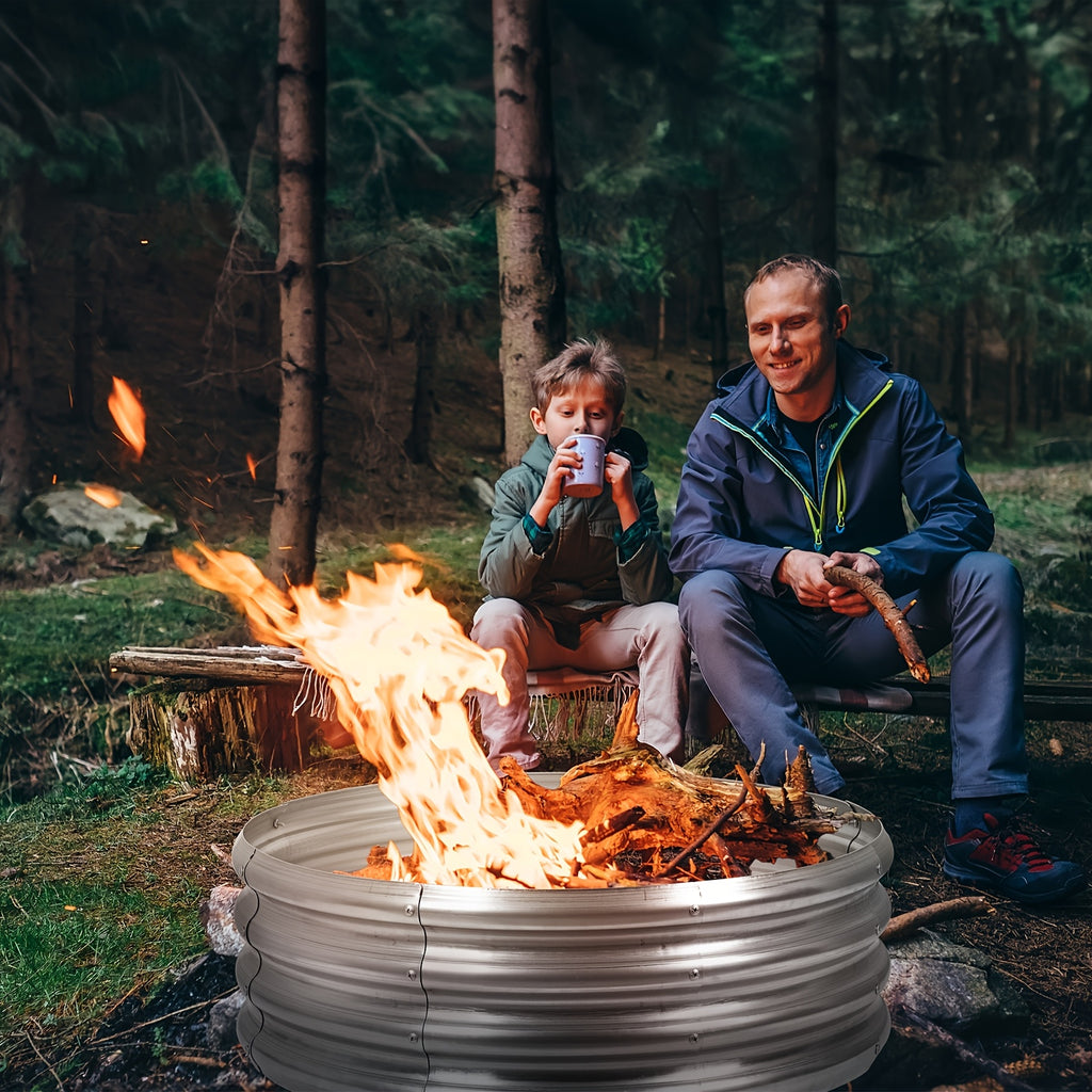 Galvanized Fire Pit Ring for Outside Wood Burning, Metal Firepit Liner for Above Ground Outdoor Camping Beach Backyard Park