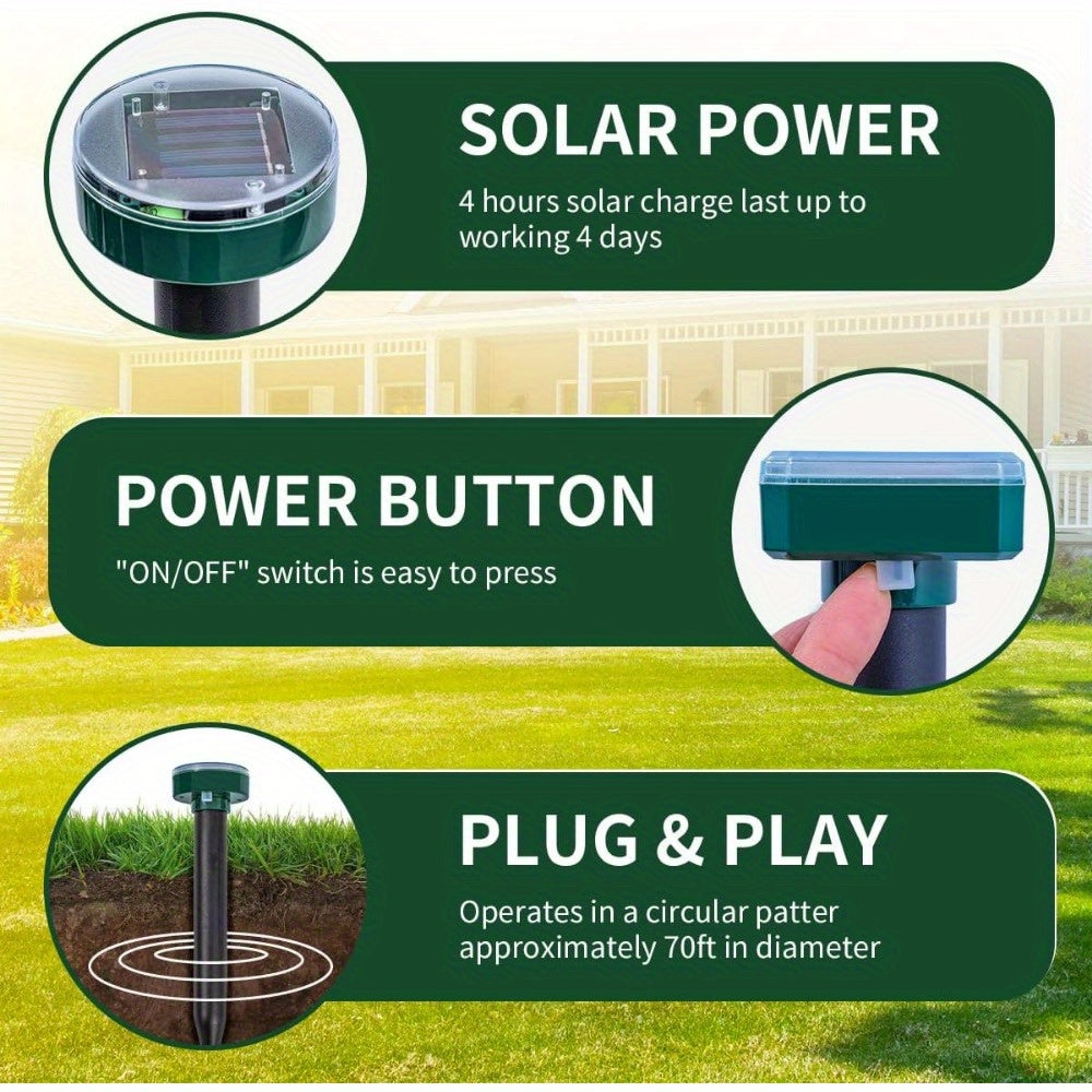 4 Pack Mole Repellent Solar Powered Gopher Repellent Ultrasonic Solar Powered Sonic Mole Deterrent Stakes Snake Groundhog Repellent for Yard Garden Lawn