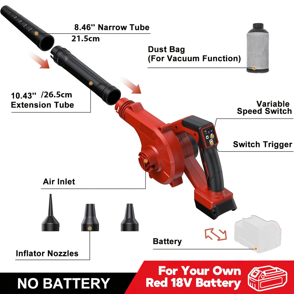 Portable Leaf Blower Vacuum, For 18V Red Battery System, Cordless 4 In 1 Turbo Blower Tool, 190 MPH Airflow, 600 CFM, 3 Speed Settings, Extended Tube, For Patio Yard Cleaning/Snow Removal/Lawn Care, (No Battery Included)