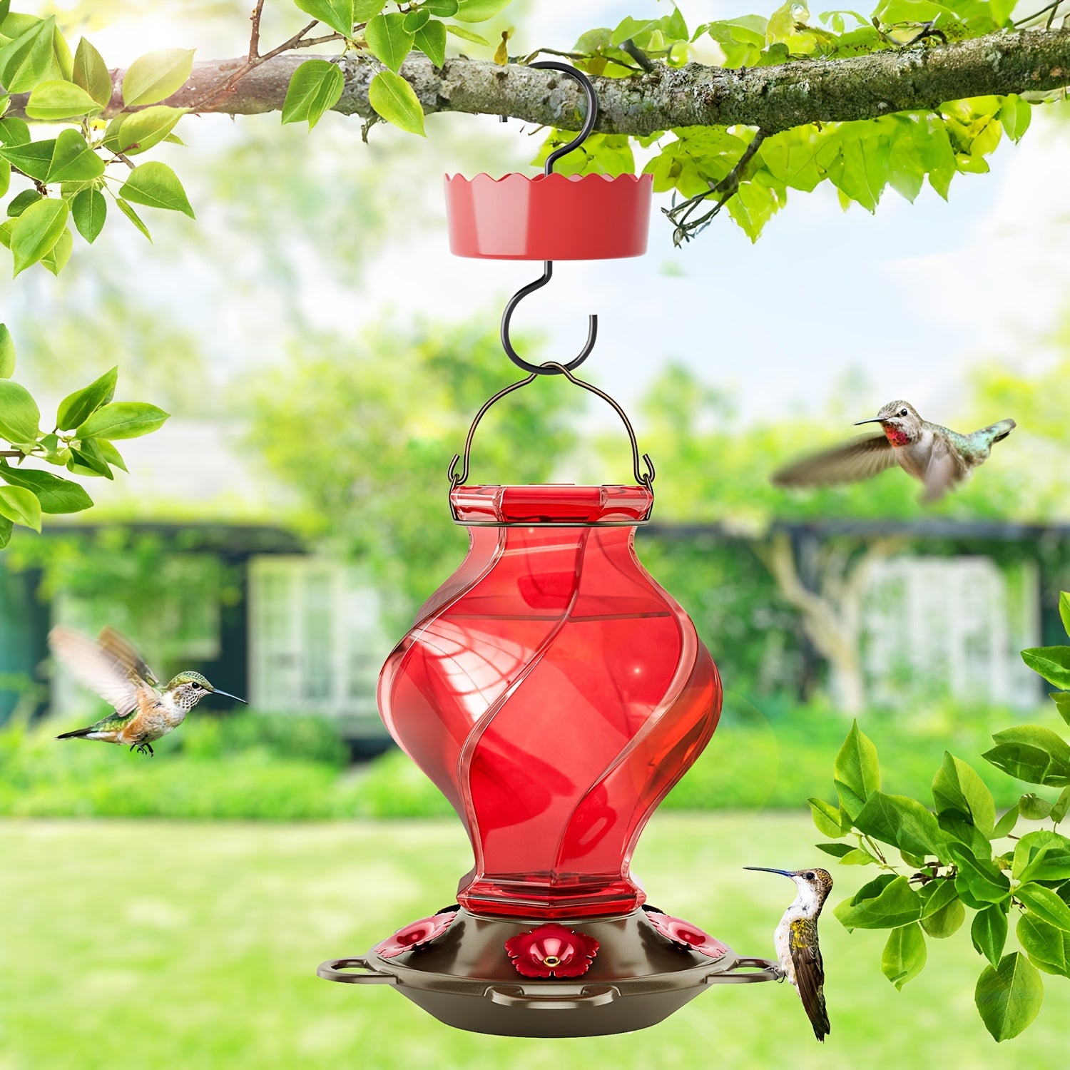 Auslar Hummingbird Feeder, Hummingbird Feeders For Outdoors Hanging, 21 Ounces Glass Hummingbird Feeder With 5 Feeding Stations, Spiral Shape Glass Bottle, Red - Garden Yard Decor Essential, Perfect Valentine'S Day & Mother'S Day Gift