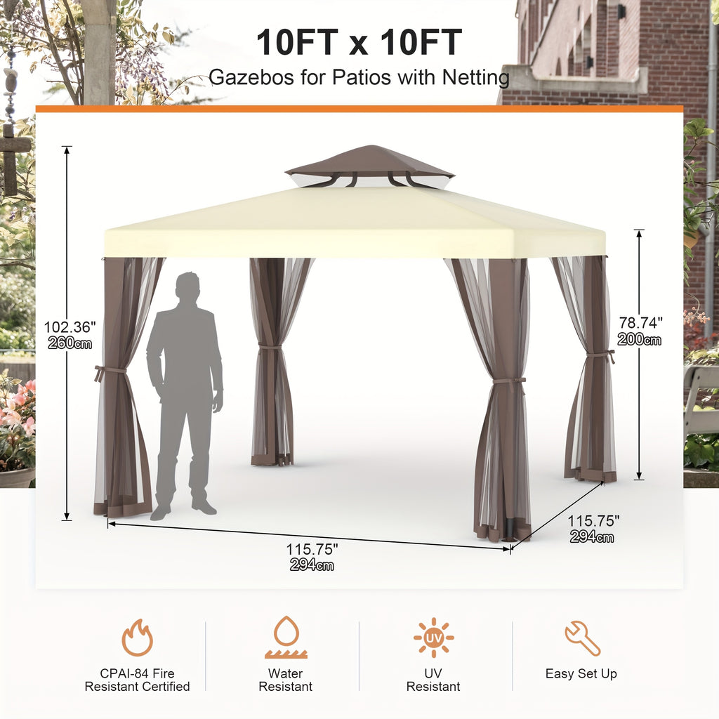 Patio Gazebo Tent Outdoor Canopy Shelter 10'x10' with Mosquito Netting with 100 Square Feet of Shade for Garden, Backyard Deck and Lawns, Party Canopy Gazebo Tent
