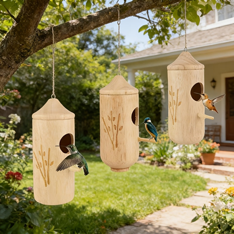 3pcs Natural Wood Hummingbird House & Bird Feeder - Rustic Outdoor Garden Nest Suitable for Hanging, Bird Shelter with Feeder, Wood for, Balcony, Garden Decor - Gift for Bird Lovers
