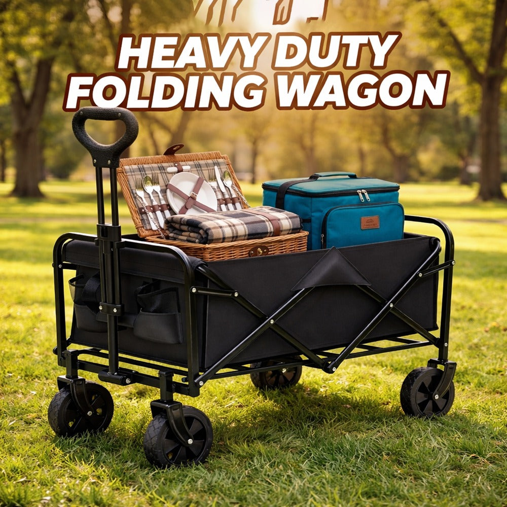 Heavy Duty Foldable Wagon Cart, 650LBS Load Bearing, Stainless Steel Frame, 600D Oxford Fabric, All Terrain Utility Cart with Swivel Wheels And Adjustable Handle, Multipurpose Portable Cart for Camping, Beach, Gardening Cart