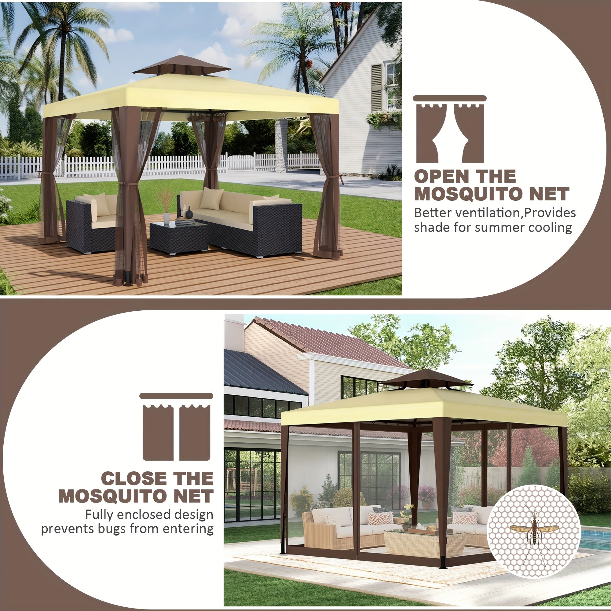 1pc 10' X 10' Gazebo with Mosquito Netting, 100 Sq Ft Shade, Terrace Gazebo with Mesh Sidewalls And Sturdy Steel Frame for Garden, Backyard Terrace BBQ Party