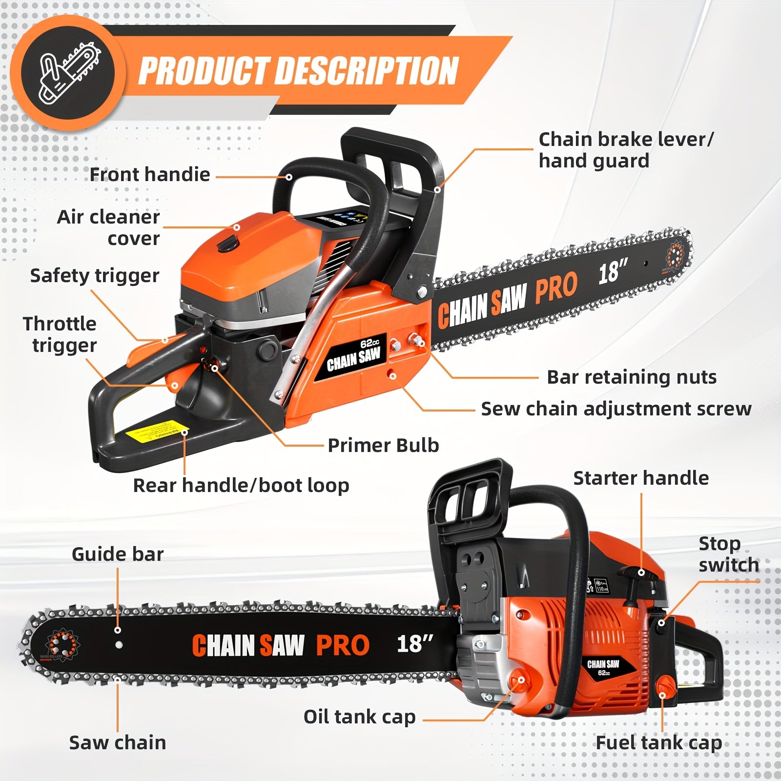 62CC Professional Chainsaw with 20, 22, 18, and 24 Inch Options, Featuring a 2-Stroke Engine, Ergonomic Non-Slip Handle, and Dual Fuel Tanks, Ideal for Cutting Wood, Trimming Trees, and Clearing Land