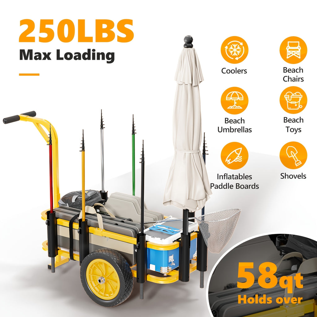 Outdoor Fishing Cart, Sturdy Steel Frame, with 12" PU Wheels, 7 Fishing Rod Tubes, Large Capacity, for Beach, Surfing, Kayak, Yellow, 1pc
