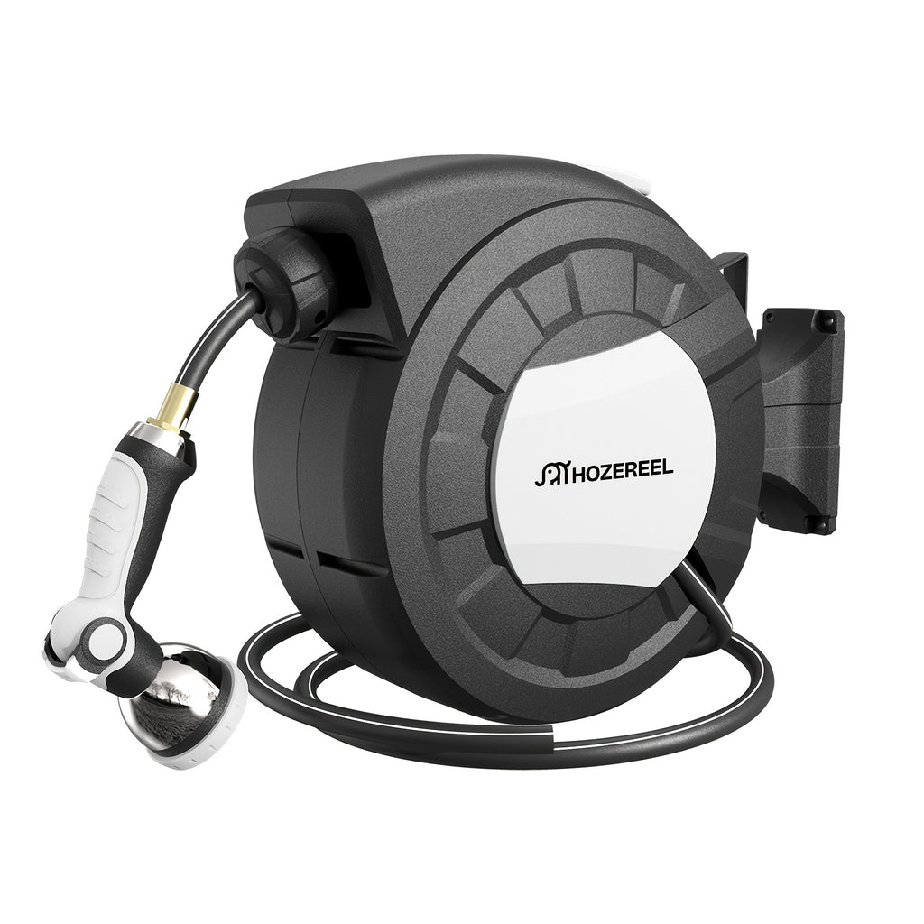 100ft X 1/2" Retractable Garden Hose Reel, Decorative Outdoor Garden Hose Reels - Automatic Self Retract Wall Mount Hose Reel Enclosed Storage, Any Length Lock, 10Pattern Nozzle-Black & White