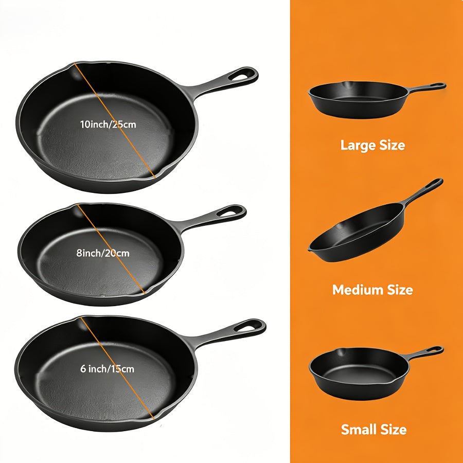 3pcs Heavy-Duty Cast Iron Skillet Pan Set - Pre-Seasoned Round Cookware with Stovetop & Even Heat Distribution, Featuring An Uncoated Skillet with A Handle, Versatile for Home Cooking, Outdoor Camping Grilling, Steaks, And Omelettes