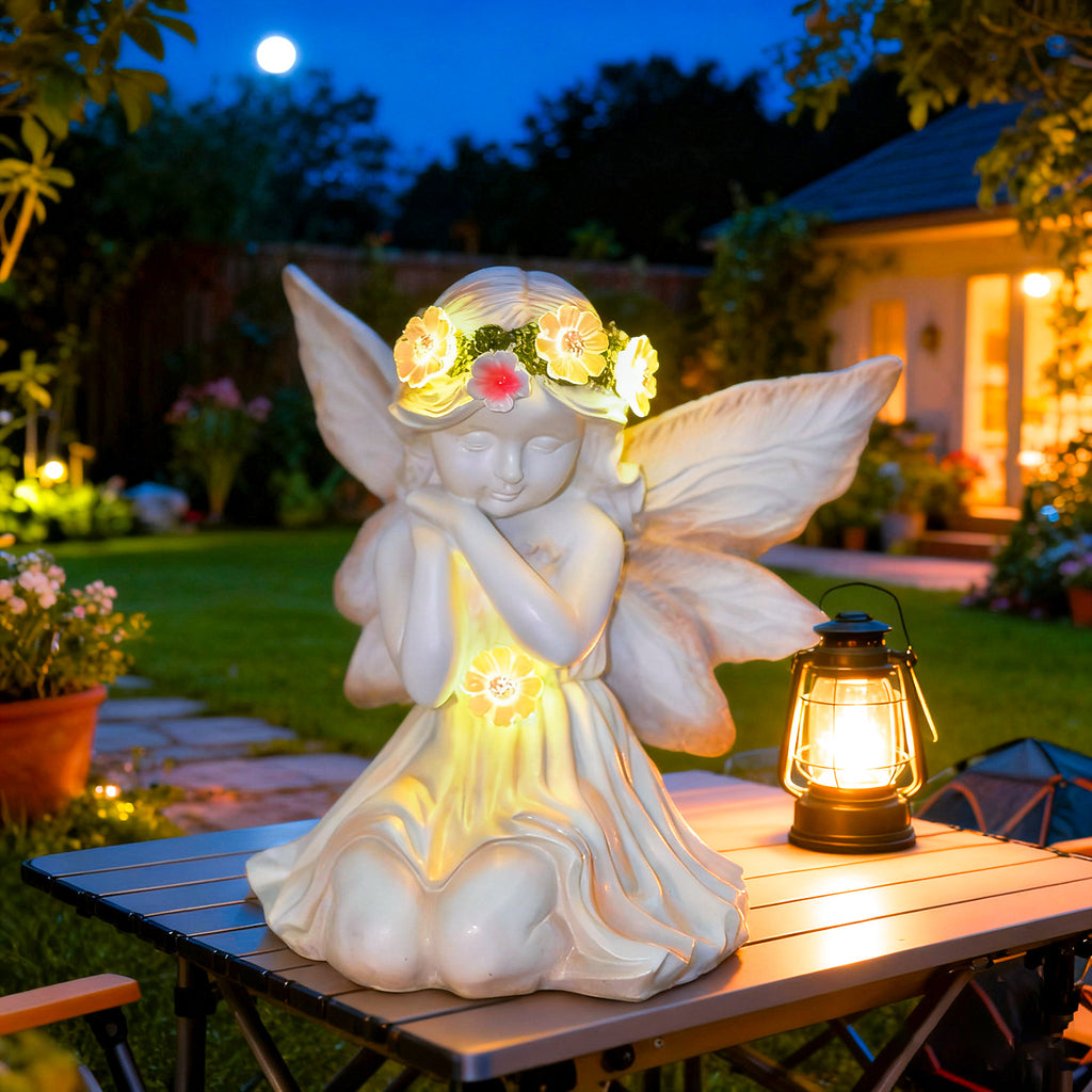 Solar Angel Garden Statue, Outdoor Lawn Decor Figurine Light, Resin Flower Sculptures with LED Lights, Art Housewarming Ornament Gift for Yard Fairy Backyard Lawn Patio Porch Balcony