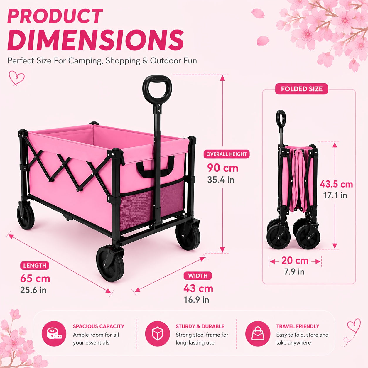 Pink Foldable Wagon Cart, Heavy Duty Collapsible Utility Wagon with Adjustable Handle & All-Terrain Wheels, Perfect for Camping, Picnic, Beach Days, Shopping And Outdoor Activities