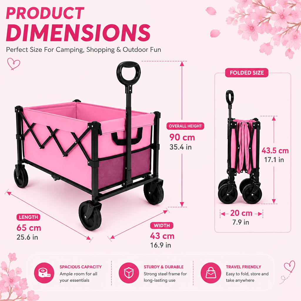 Pink Foldable Wagon Cart, Heavy Duty Collapsible Utility Wagon with Adjustable Handle & All-Terrain Wheels, Perfect for Camping, Picnic, Beach Days, Shopping And Outdoor Activities