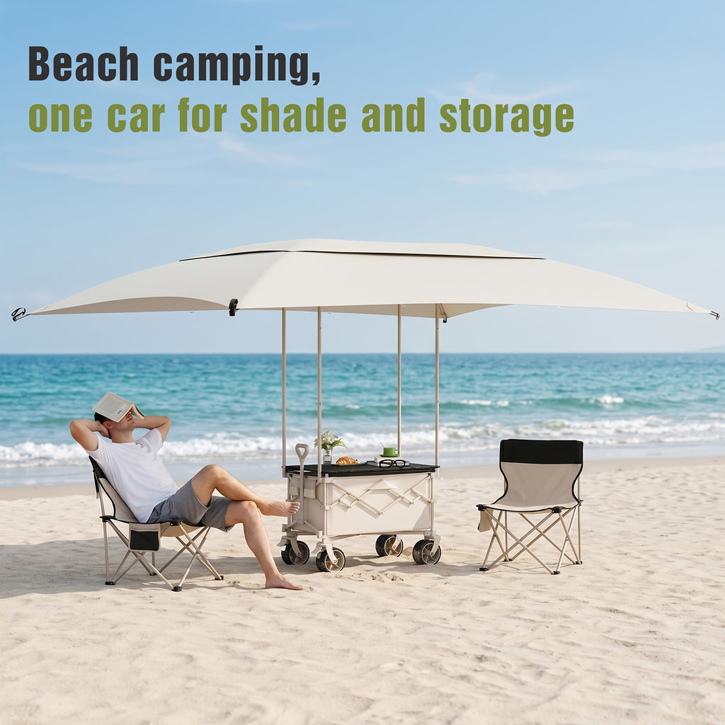 Collapsible Wagon Cart with Canopy And Bamboo Tabletop - Portable Utility Garden Cart for Camping And Outdoor Activities,  Tailgating Supplies, Foldable Design, Compact Storage, Easy Assembly, Sturdy Frame, Event Organizers
