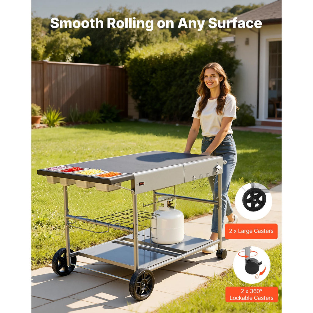 VEVOR Outdoor Grill Cart, 36.4 x 23.4 x 1 inch Tabletop Size Grilling Table, Movable Outdoor Cooking Table with 4 Spice Containers, Wheels, Lids, Hooks, BBQ Prep Tables for Picnic, Kitchen, Courtyard
