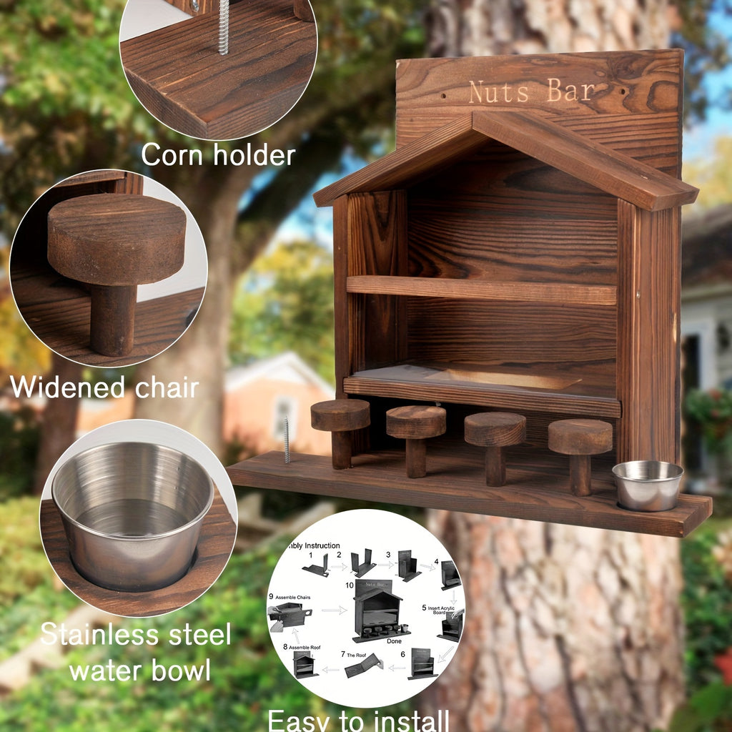 ChezMax Squirrel Feeder Picnic Table, Sturdy Wooden Squirrel House Nut Bar with Stools, Corn Holder and Water Bottle, Large Funny Chipmunk Feeding Station for Outside Squirrels