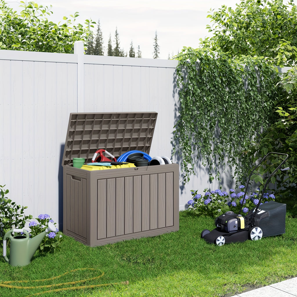 46Gallon Deck Box WOOD GRAIN Outdoor Storage Box, Weatherproof And UV Resistant, Resin Package Delivery And Storage Box With Lockable Lid For Patio Furniture Cushions, Pool Accessories, Perfect Gift For Halloween, Christmas, Thanksgiving, Box