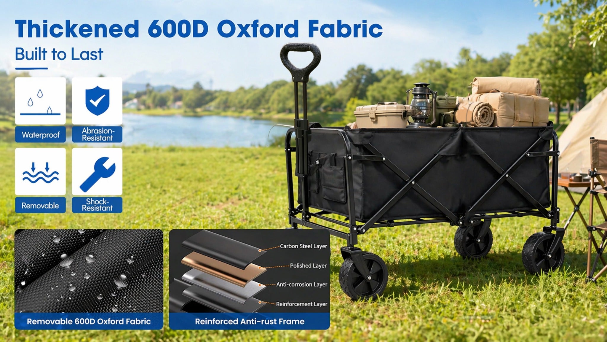 Heavy Duty Foldable Wagon Cart, 650LBS Load Bearing, Stainless Steel Frame, 600D Oxford Fabric, All Terrain Utility Cart with Swivel Wheels And Adjustable Handle, Multipurpose Portable Cart for Camping, Beach, Gardening Cart