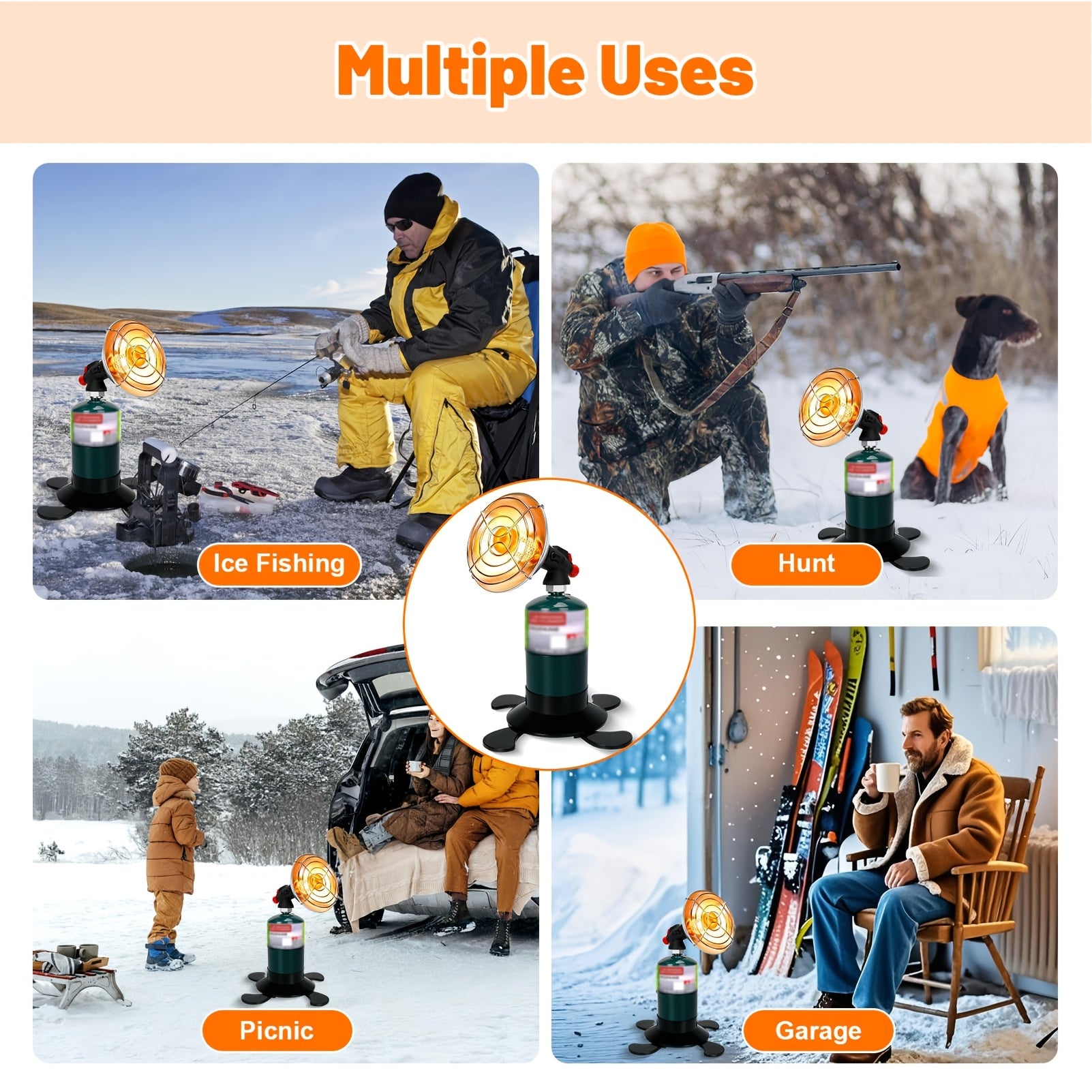 Portable Propane Heater for Camping, Outdoor Small Space Patio Garage Heater, Self-Igniting Radiant Heater, Foldable Gas Tank Holder, Suitable for Hiking, Ice Fishing, Hunting, Tents, Backyard