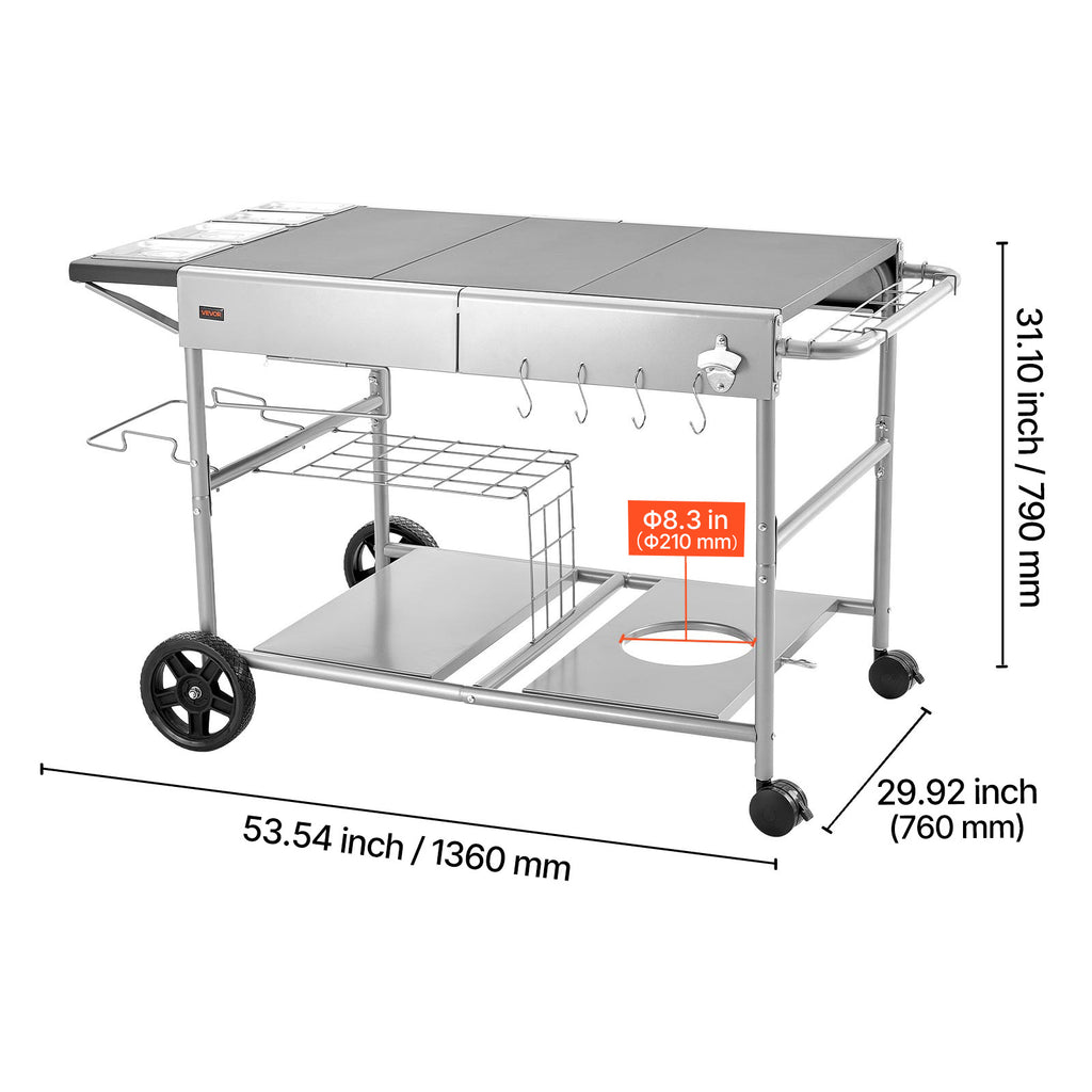 VEVOR Outdoor Grill Cart, 36.4 x 23.4 x 1 inch Tabletop Size Grilling Table, Movable Outdoor Cooking Table with 4 Spice Containers, Wheels, Lids, Hooks, BBQ Prep Tables for Picnic, Kitchen, Courtyard