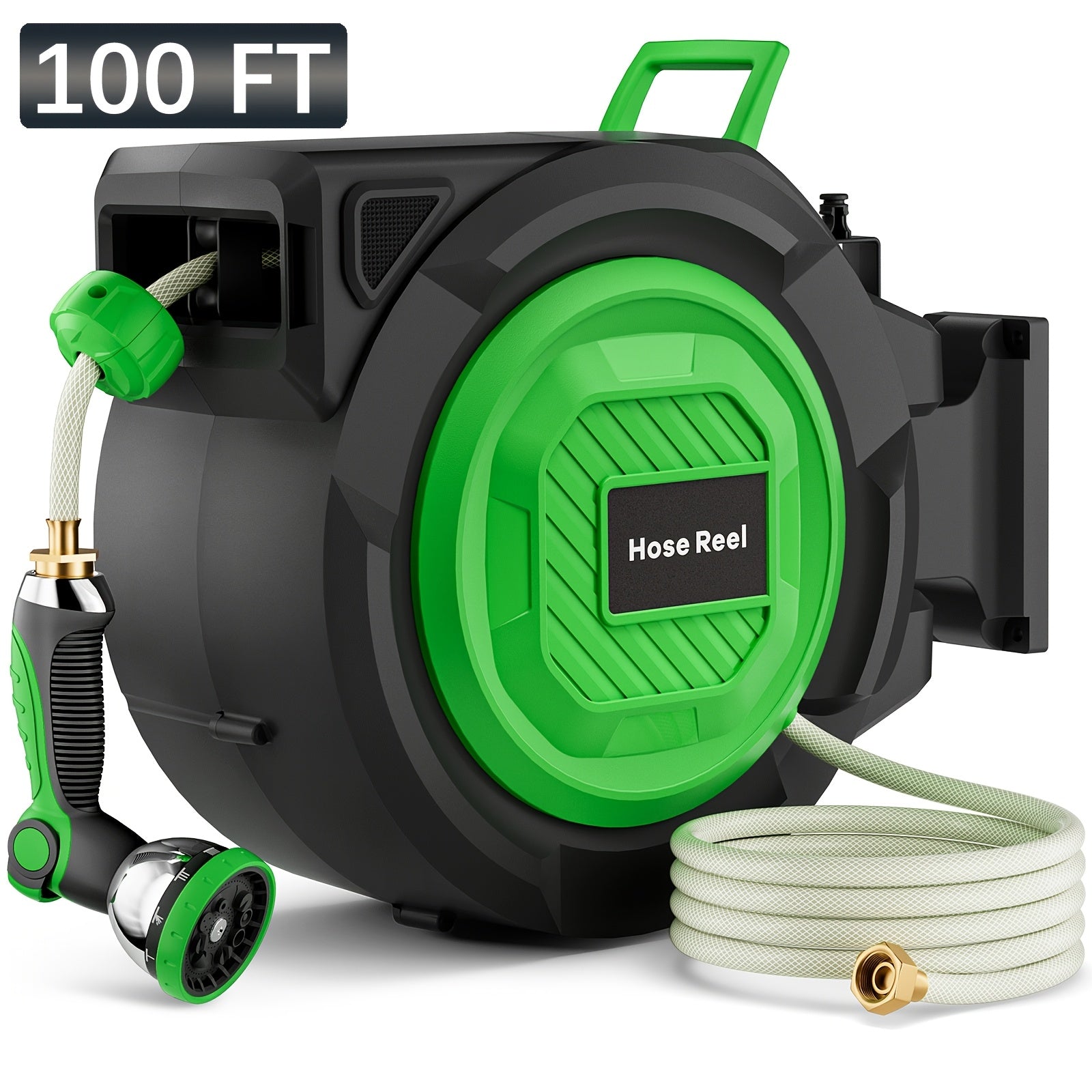 100ft/150ft Retractable Garden Hose Reel, Heavy-Duty Wall Mounted Water Hose with Any-Length Locking System, 10 Spray Modes Adjustable Nozzle, 180° Swivel Bracket, Auto Rewind for Gardening, Car Wash & Patio Cleaning.