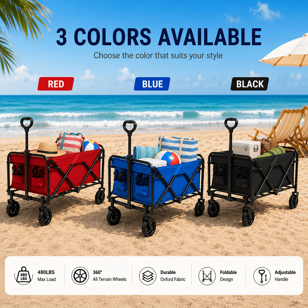 Heavy-Duty Extra Long Collapsible Wagon Cart - 480 Lbs Capacity Foldable Utility Cart with 360° Swivel Wheels, -Terrain Suitable for for Outdoor, Beach, Camping, Garden, Grocery Hauling, Cargo Cart ( 600D Oxford Fabric)