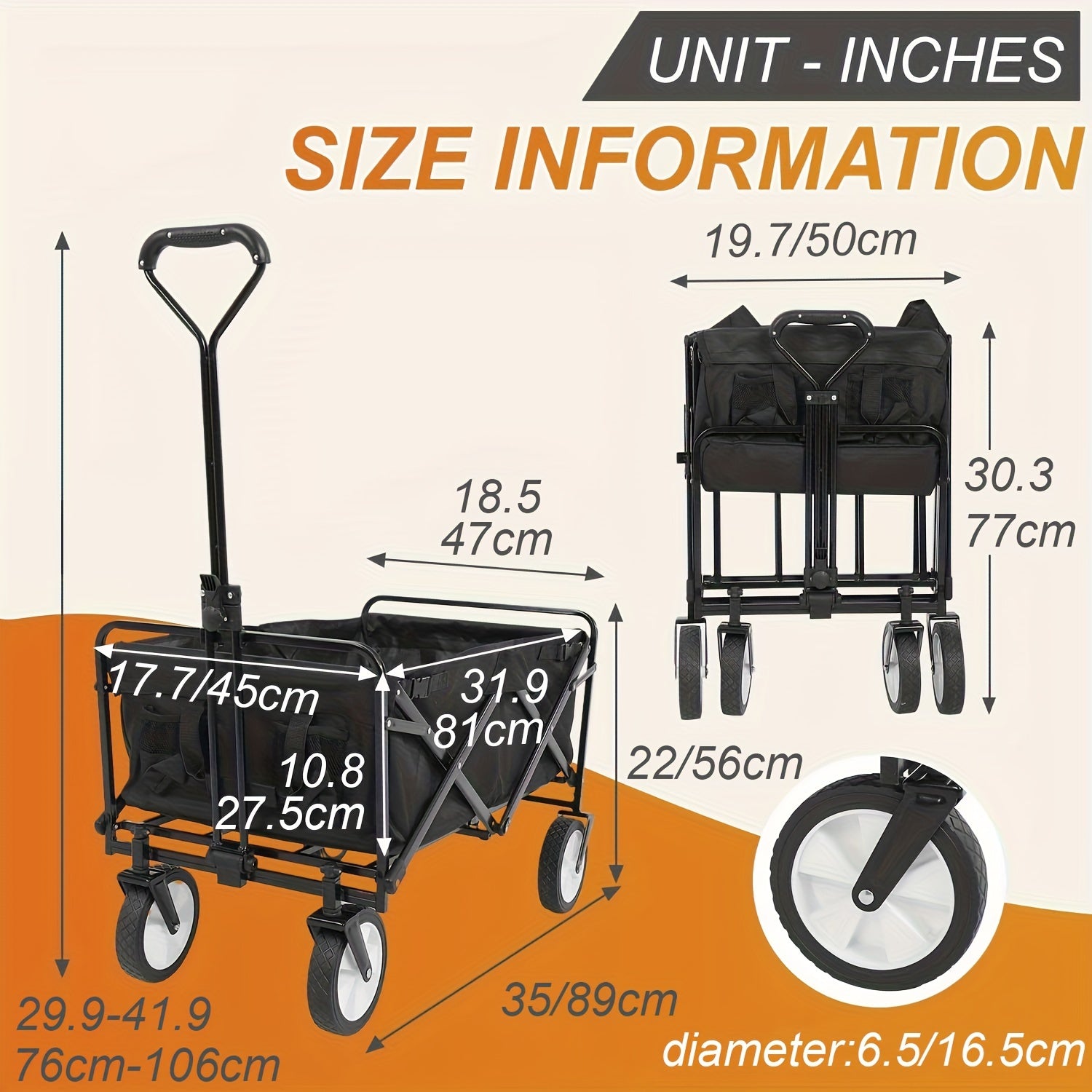 35"Collapsible Wagon Cart Folding Foldable Garden Cart With Large Capacity, Capacity Portable Utility Wagon Cart Heavy Duty For Beach Camping Shopping Garden